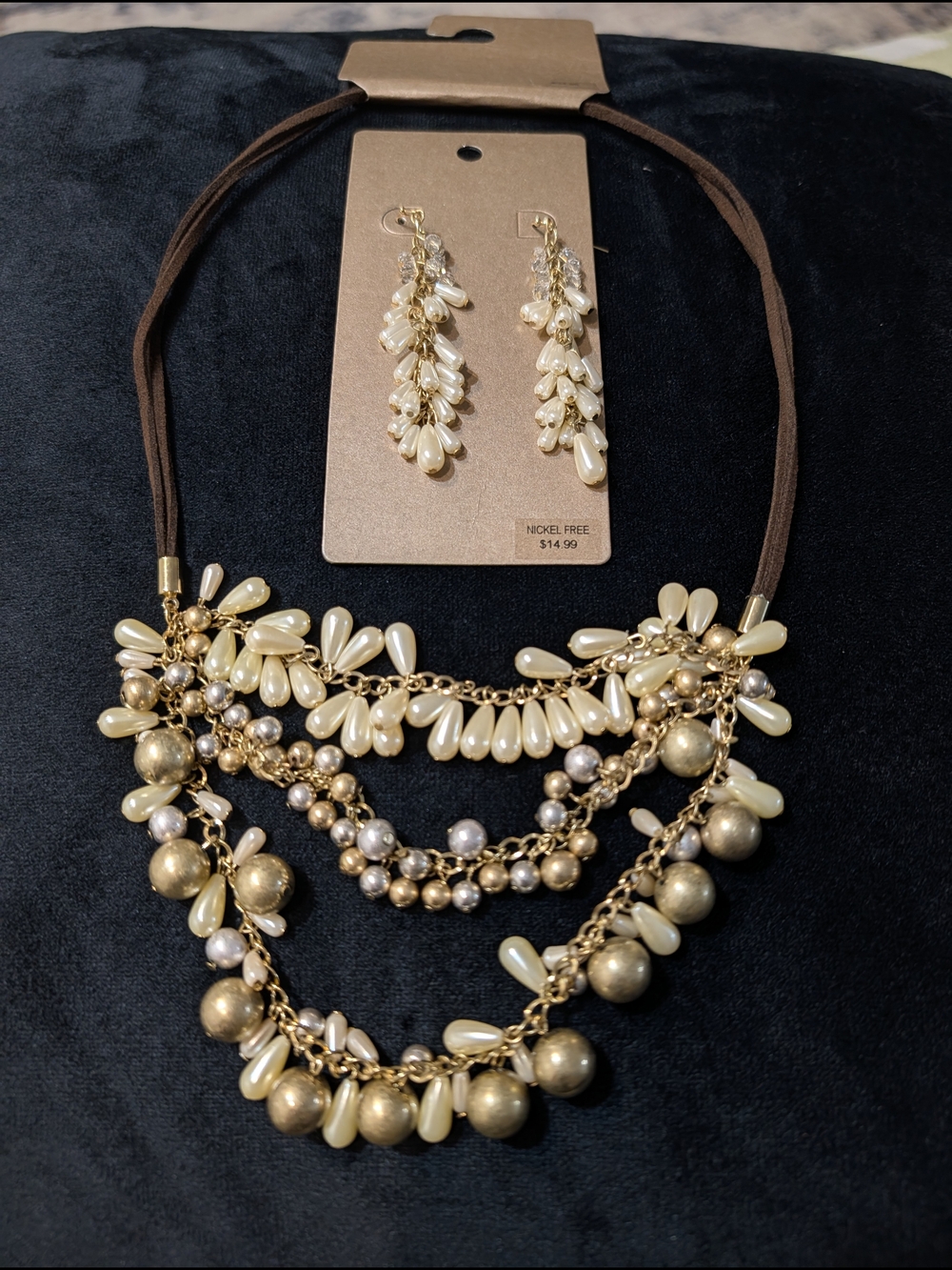 Pearl Teardrop Multi-Strand Necklace & Earrings Set - Cream and Gold